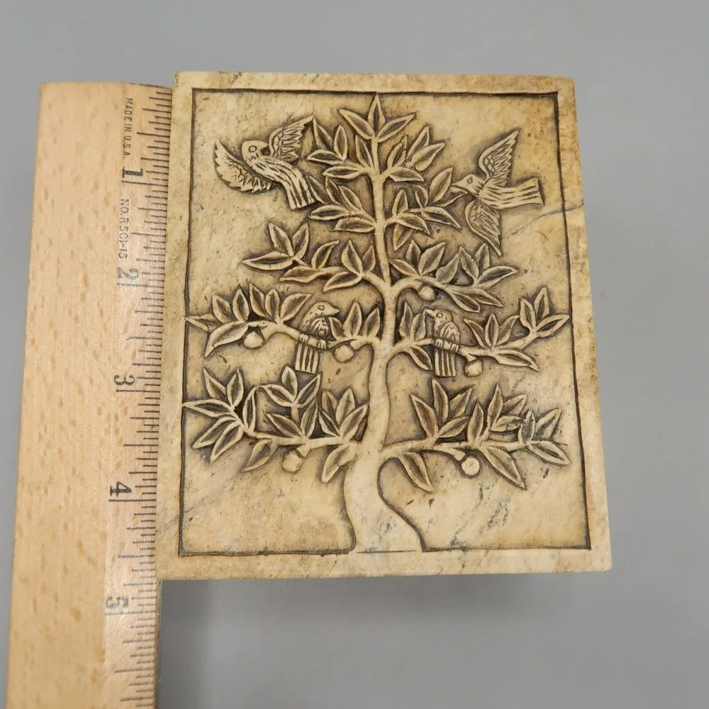Vintage Marble Jewelry Trinket Box Tan Brown Carved Tree w Birds 4.5